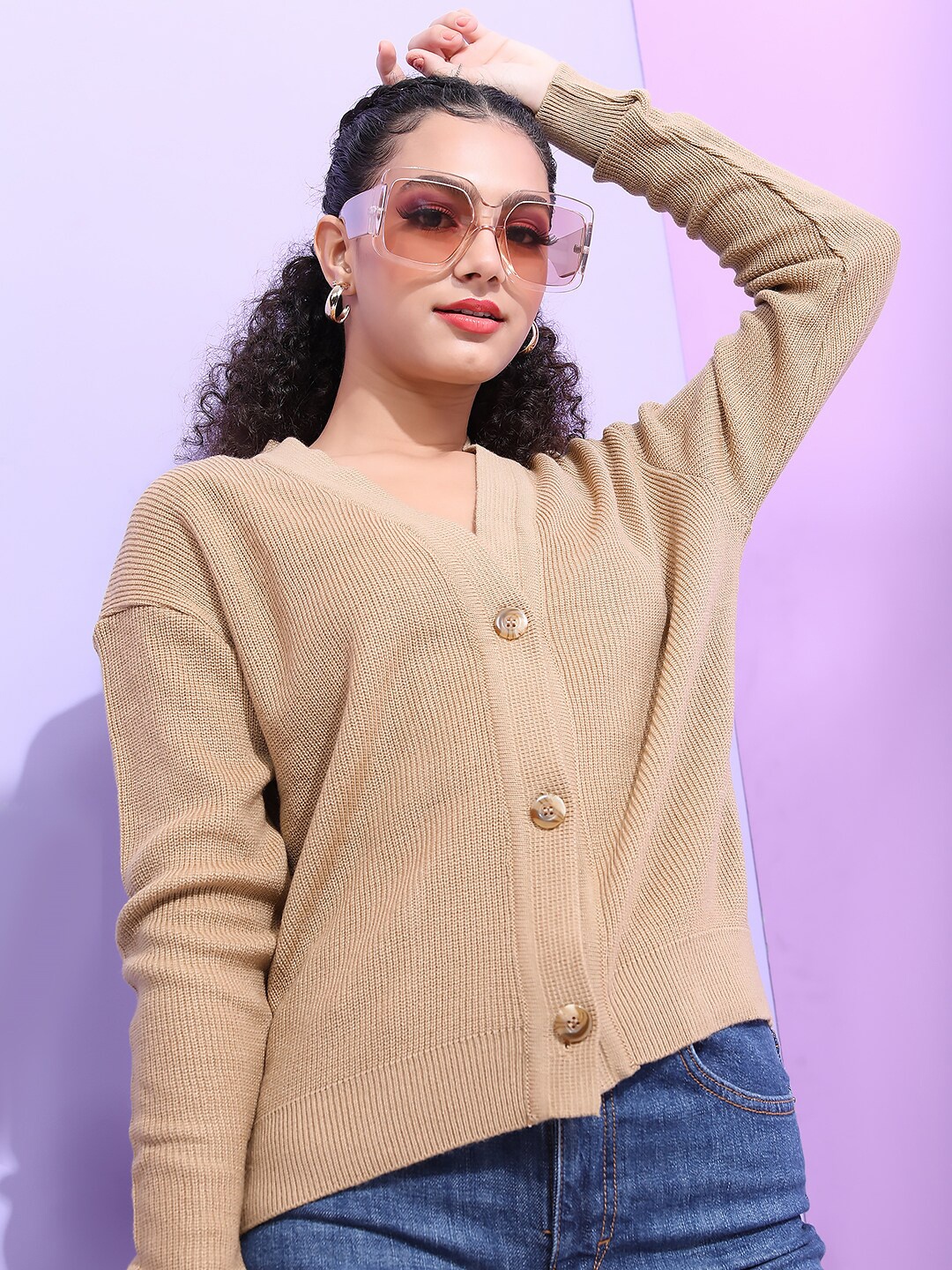 

Tokyo Talkies Women Beige Acrylic Cardigan Sweater