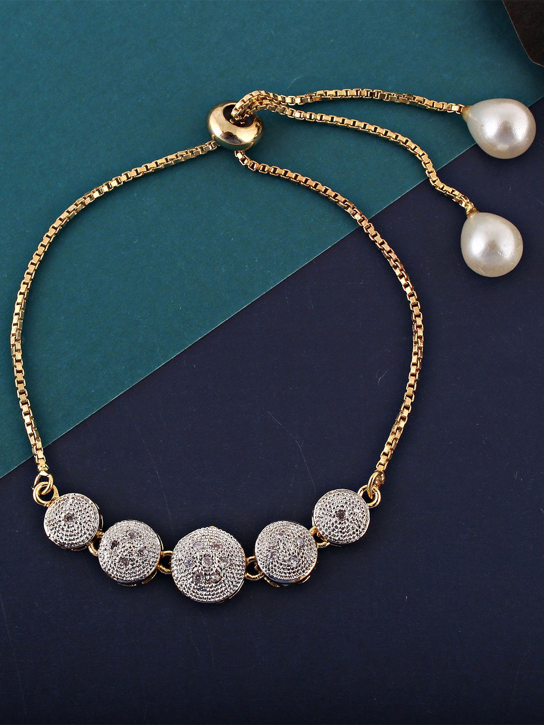 

LUCKY JEWELLERY Women Gold-Toned & White Brass American Diamond Handcrafted Gold-Plated Charm Bracelet