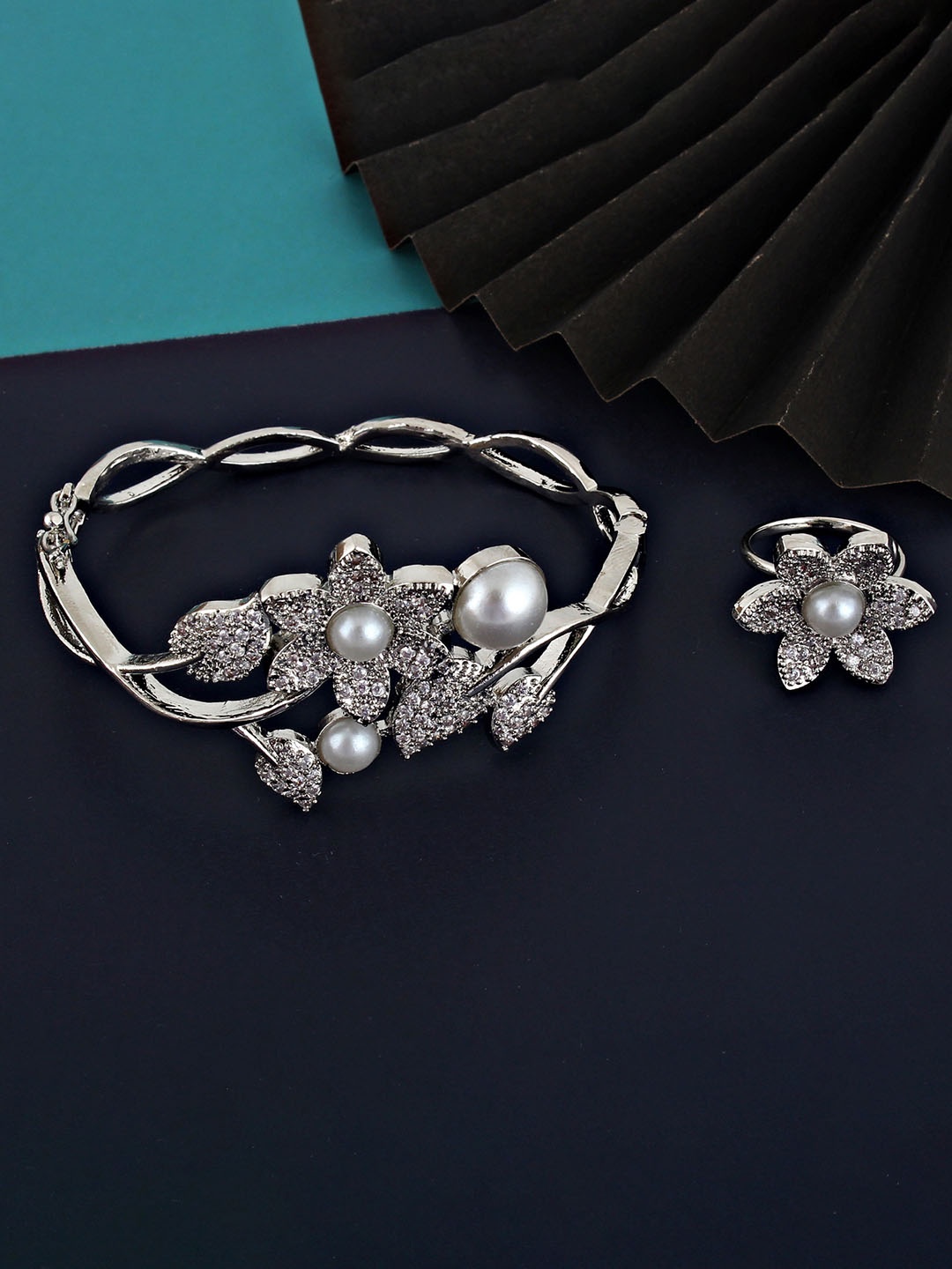 

LUCKY JEWELLERY Silver-Plated American Diamond Kada Bracelet with Ring
