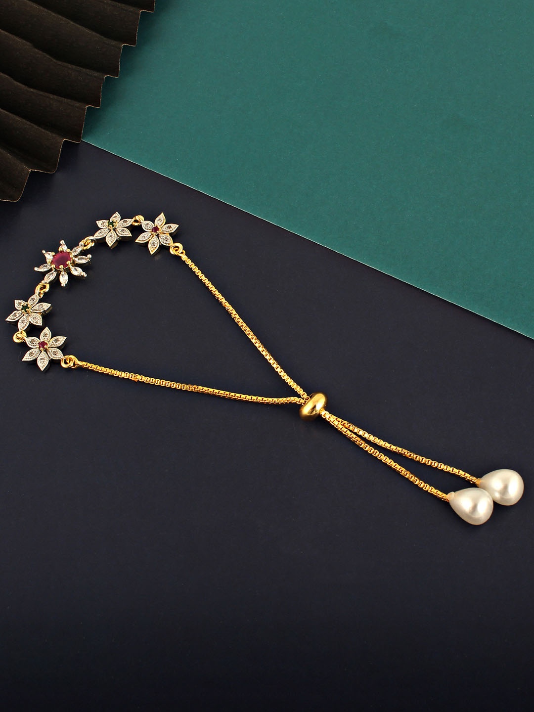

LUCKY JEWELLERY Women Gold-Toned & White Brass American Diamond Gold-Plated Charm Bracelet