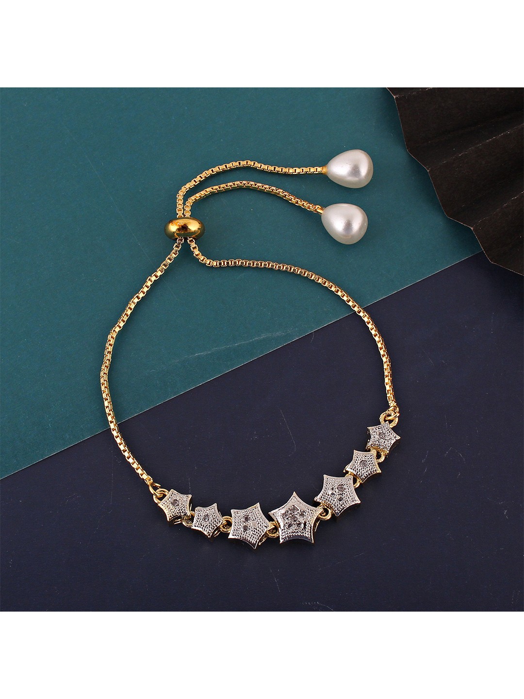 

LUCKY JEWELLERY Women Gold-Toned & White Brass American Diamond Handcrafted Gold-Plated Link Bracelet