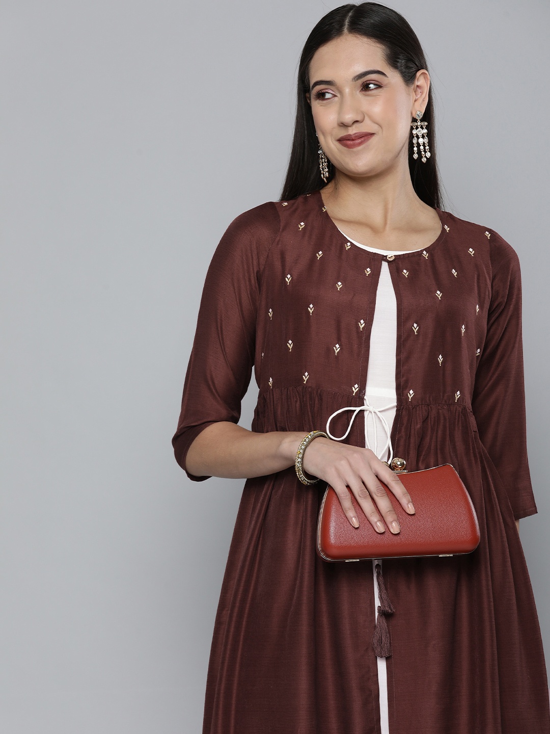 

HERE&NOW Brown Ethnic Motifs Printed Empire Midi Ethnic Dress