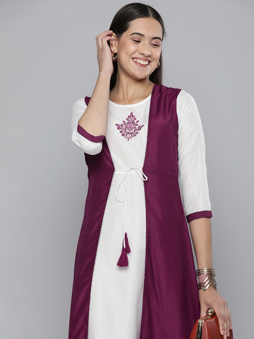 

HERE&NOW Purple & White Ethnic Motifs Printed Empire Midi Ethnic Dress