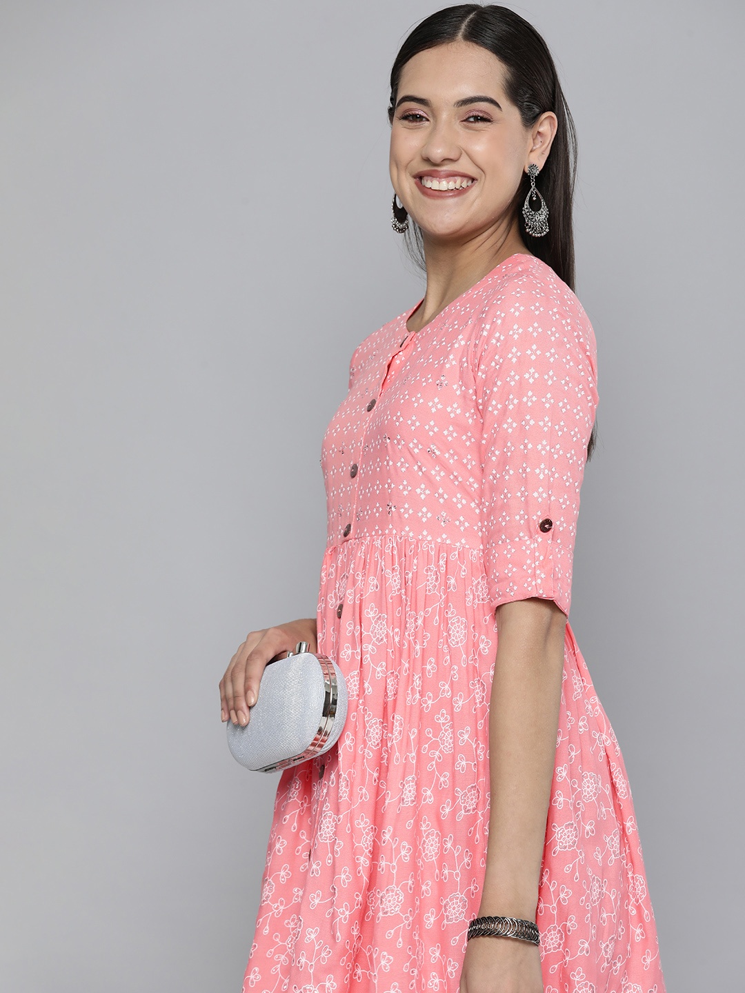 

HERE&NOW Pink Floral Printed A-Line Ethnic Dress