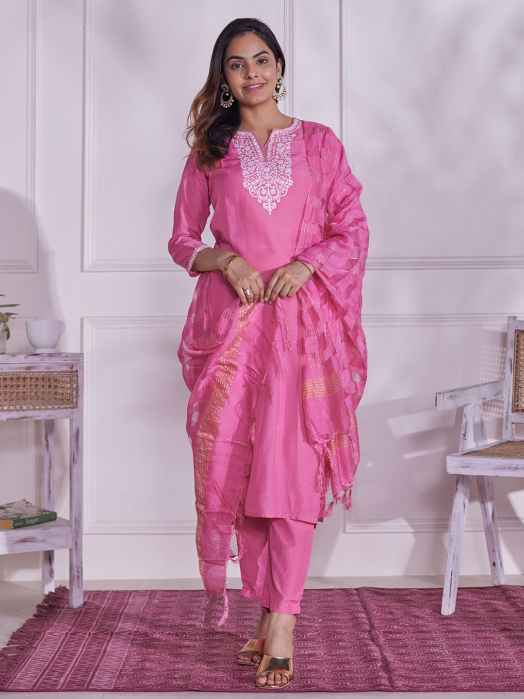 

HERE&NOW Women Pink Ethnic Motifs Embroidered Kurta with Trousers & Dupatta