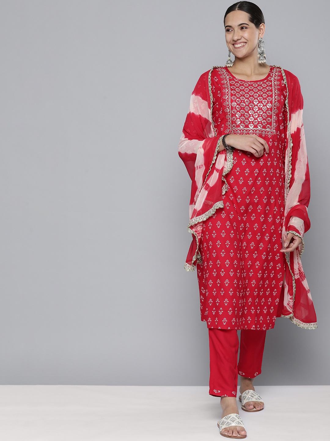

HERE&NOW Women Red Embroidered Yoke Design Sequinned Kurta with Trousers & Dupatta