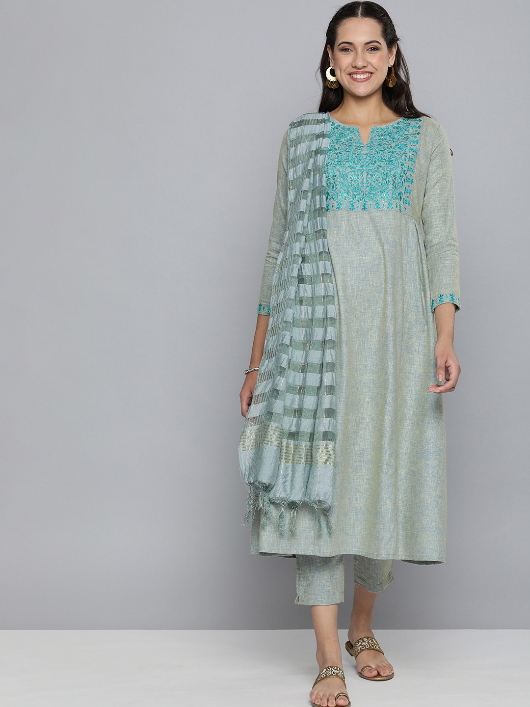 

HERE&NOW Grey & Blue Embroidered Cotton Kurta with Trousers & With Dupatta