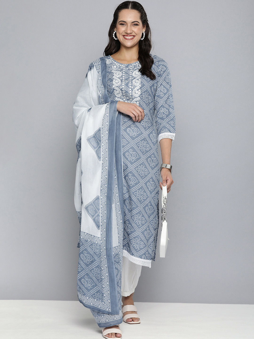 

HERE&NOW Women Grey Bandhani Yoke Design Mirror Work Cotton Kurta with Trousers & Dupatta