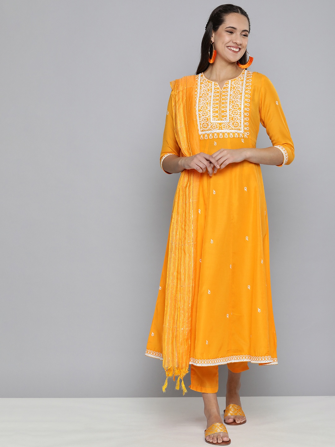 

HERE&NOW Women Yellow Embroidered Yoke Design Kurta with Trousers & With Dupatta