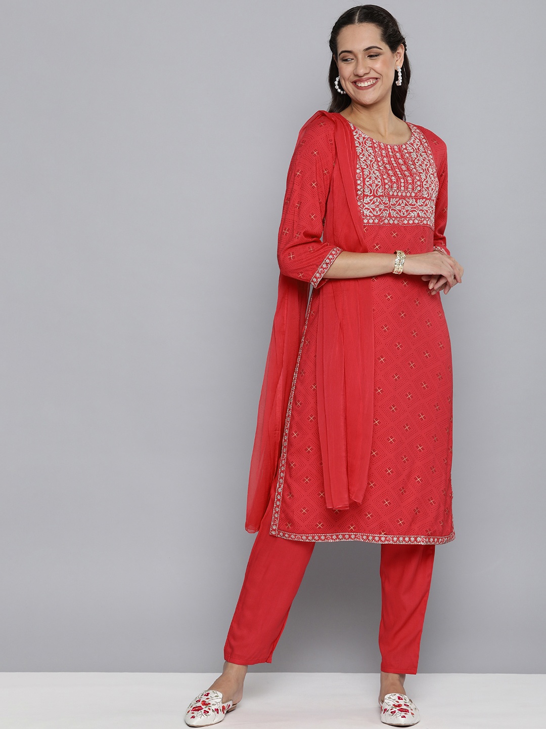 

HERE&NOW Women Red Ethnic Motifs Embroidered Kurta with Trousers & Dupatta