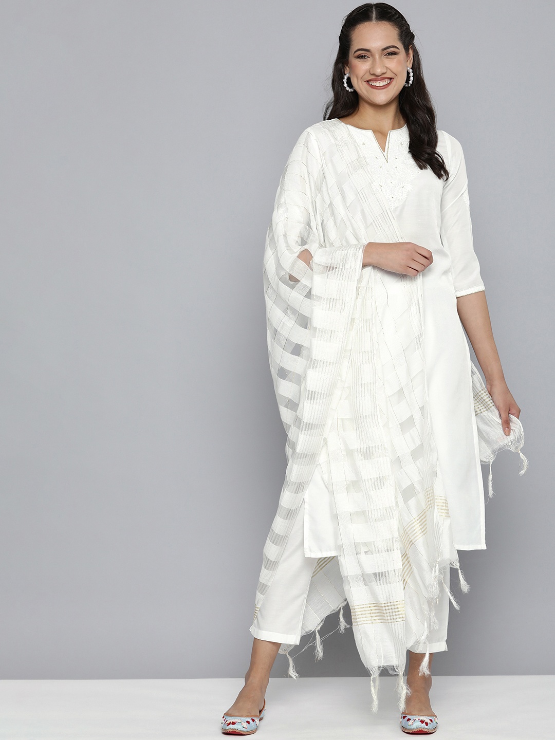 

HERE&NOW Women White Ethnic Motifs Embroidered Kurta with Trousers & With Dupatta