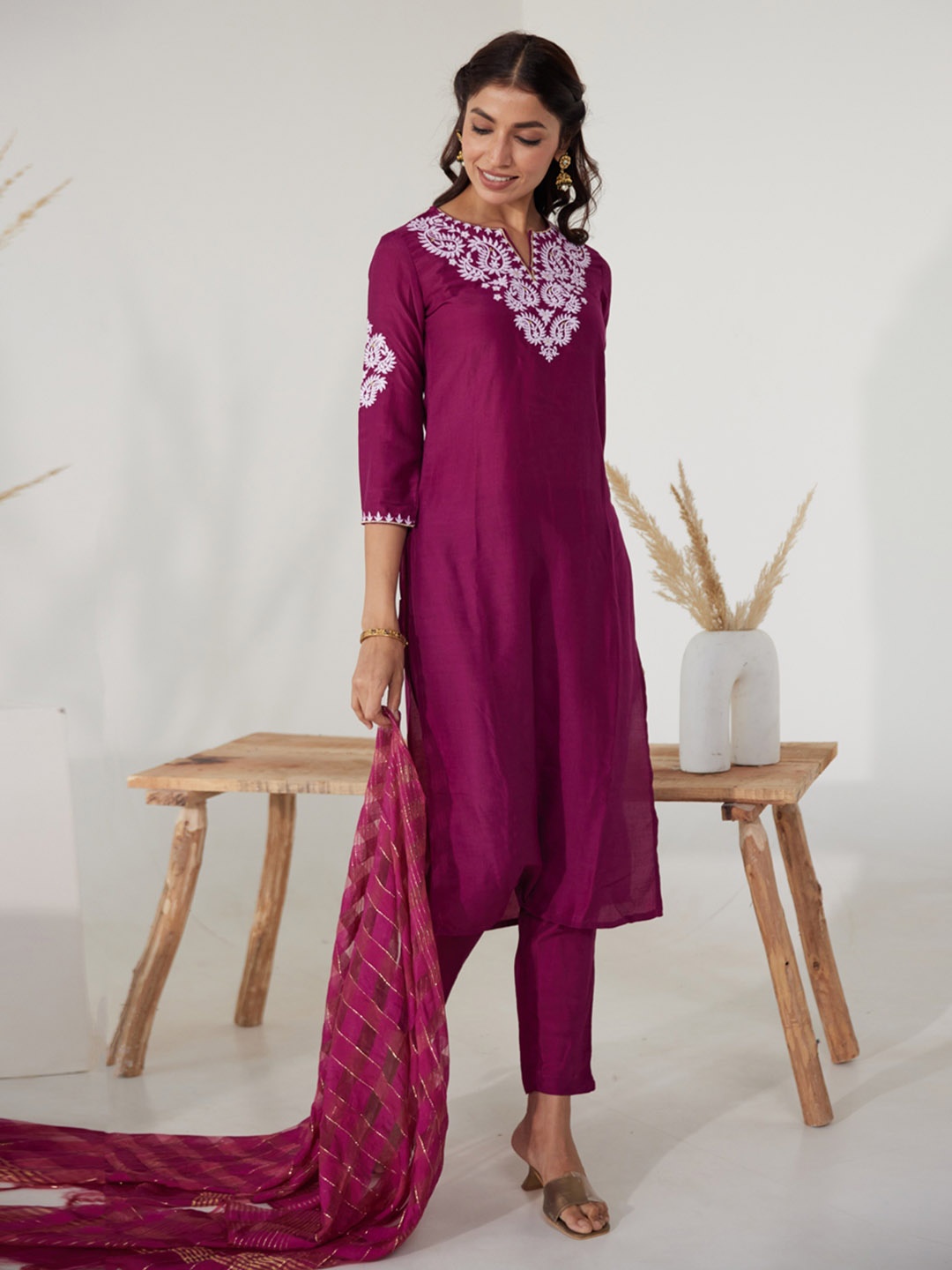 

HERE&NOW Women Burgundy Ethnic Motifs Embroidered Kurta with Trousers & Dupatta