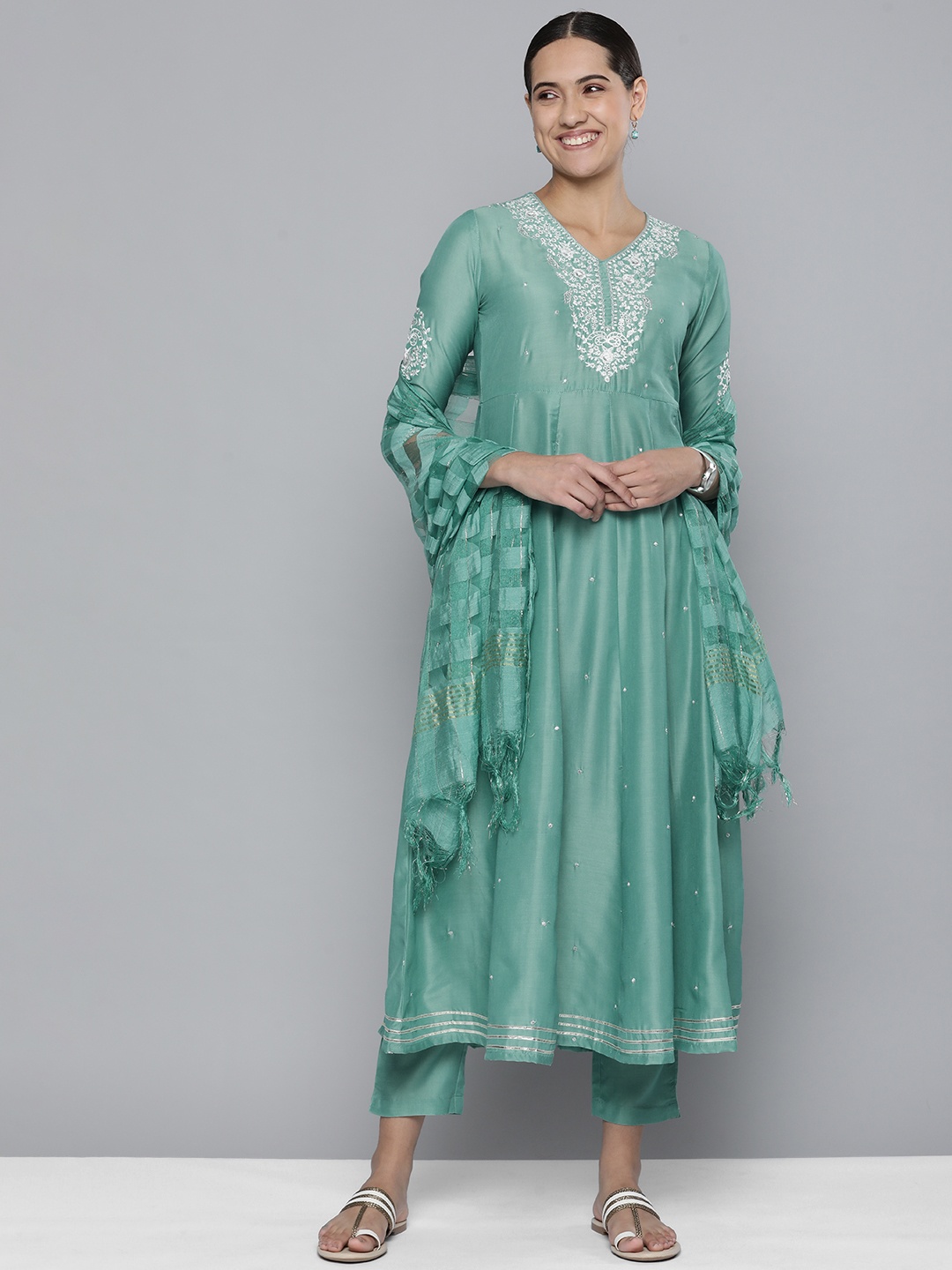 

HERE&NOW Women Sea Green Ethnic Motifs Embroidered Kurta with Trousers & With Dupatta
