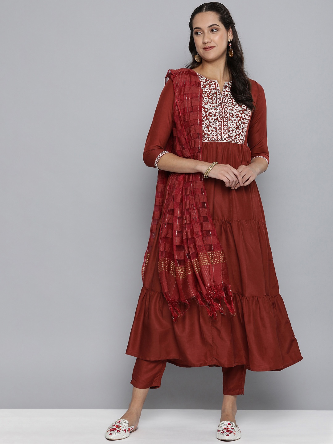 

HERE&NOW Women Maroon Ethnic Motifs Embroidered Kurta with Trousers & Dupatta