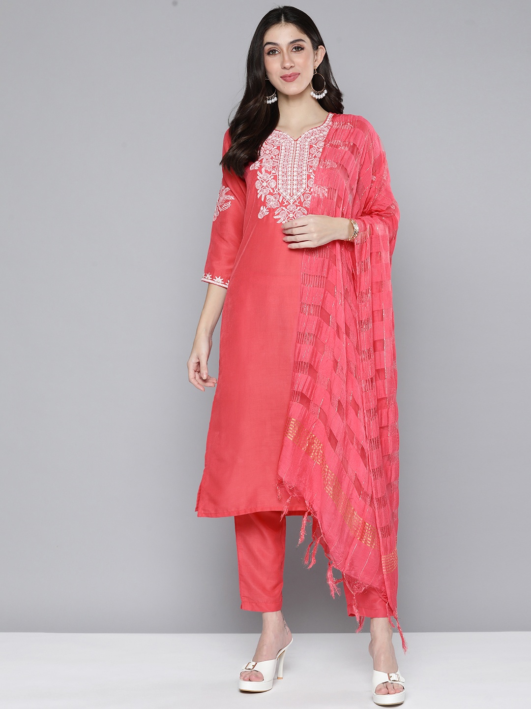 

HERE&NOW Women Ethnic Motifs Embroidered Kurta with Trousers & Dupatta, Pink