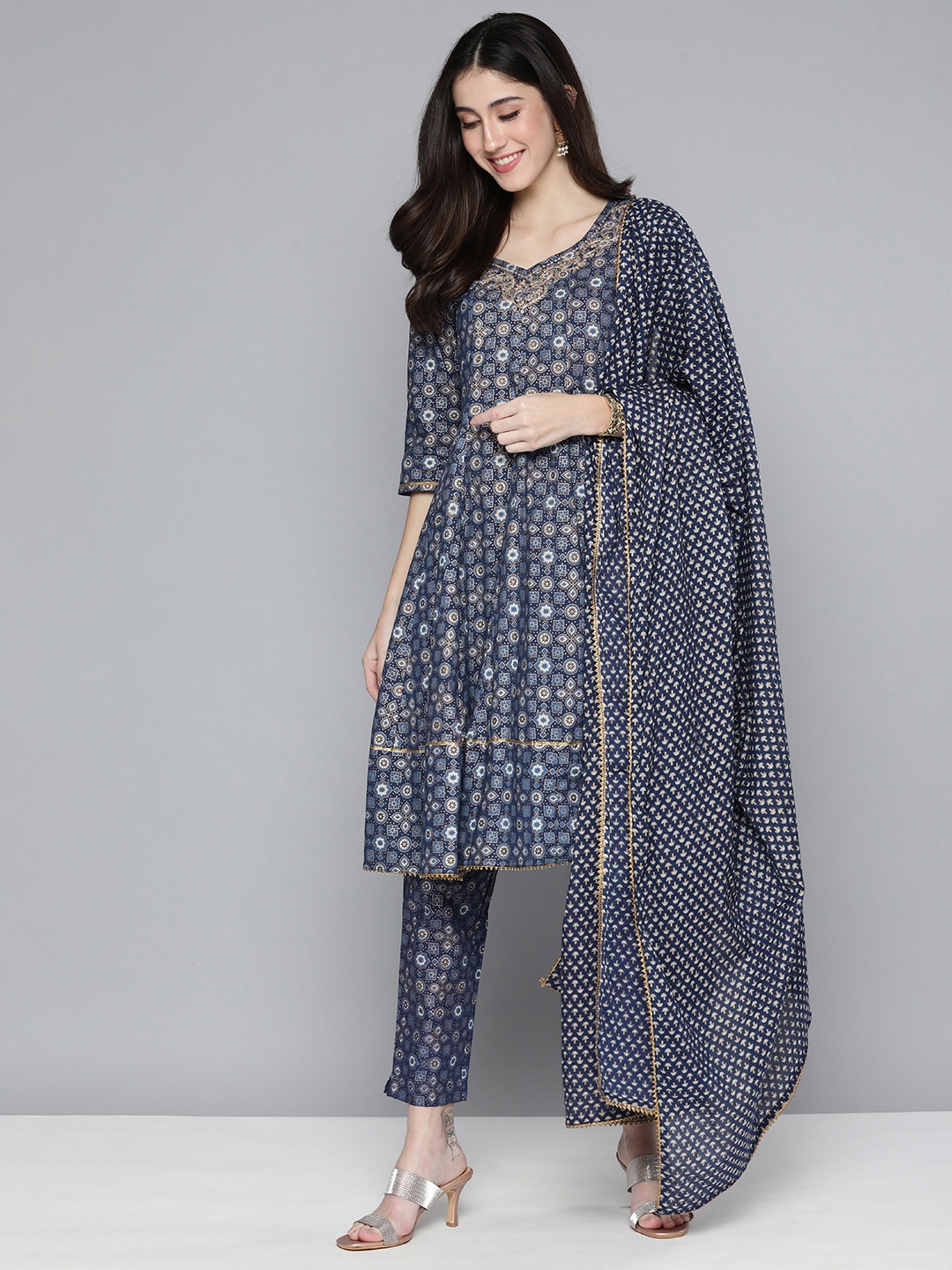 

HERE&NOW Ethnic Embroidered & Printed Pure Cotton Anarkali Kurta with Trousers & Dupatta, Navy blue