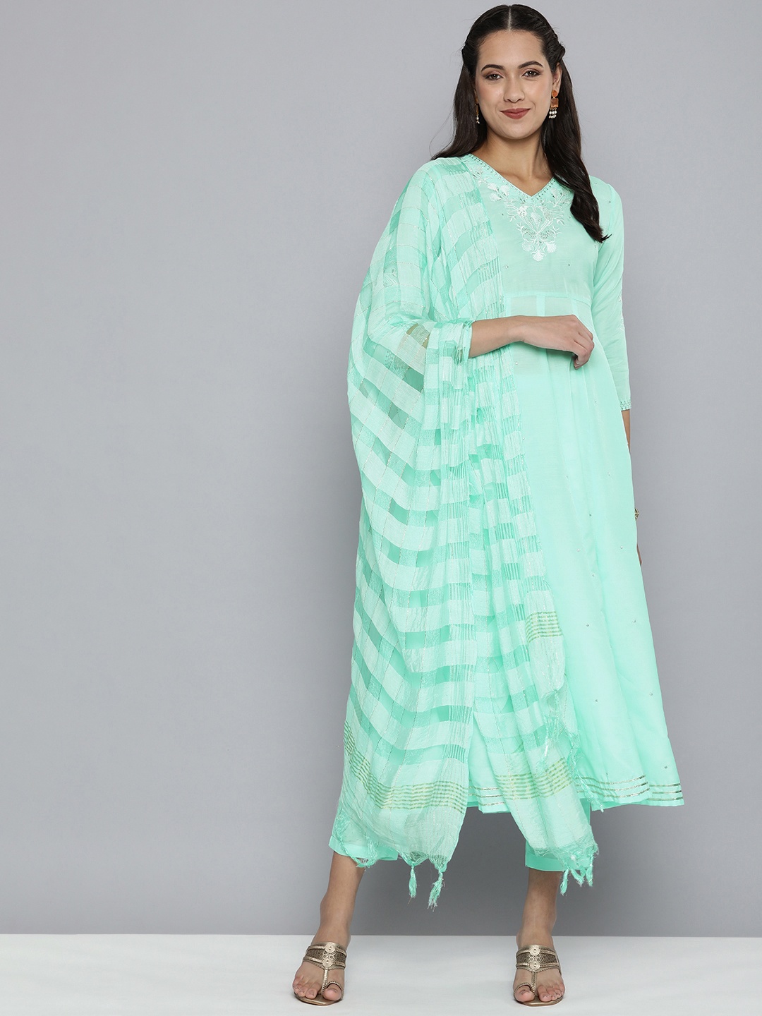 

HERE&NOW Women Blue Ethnic Motifs Embroidered Kurta with Trousers & With Dupatta