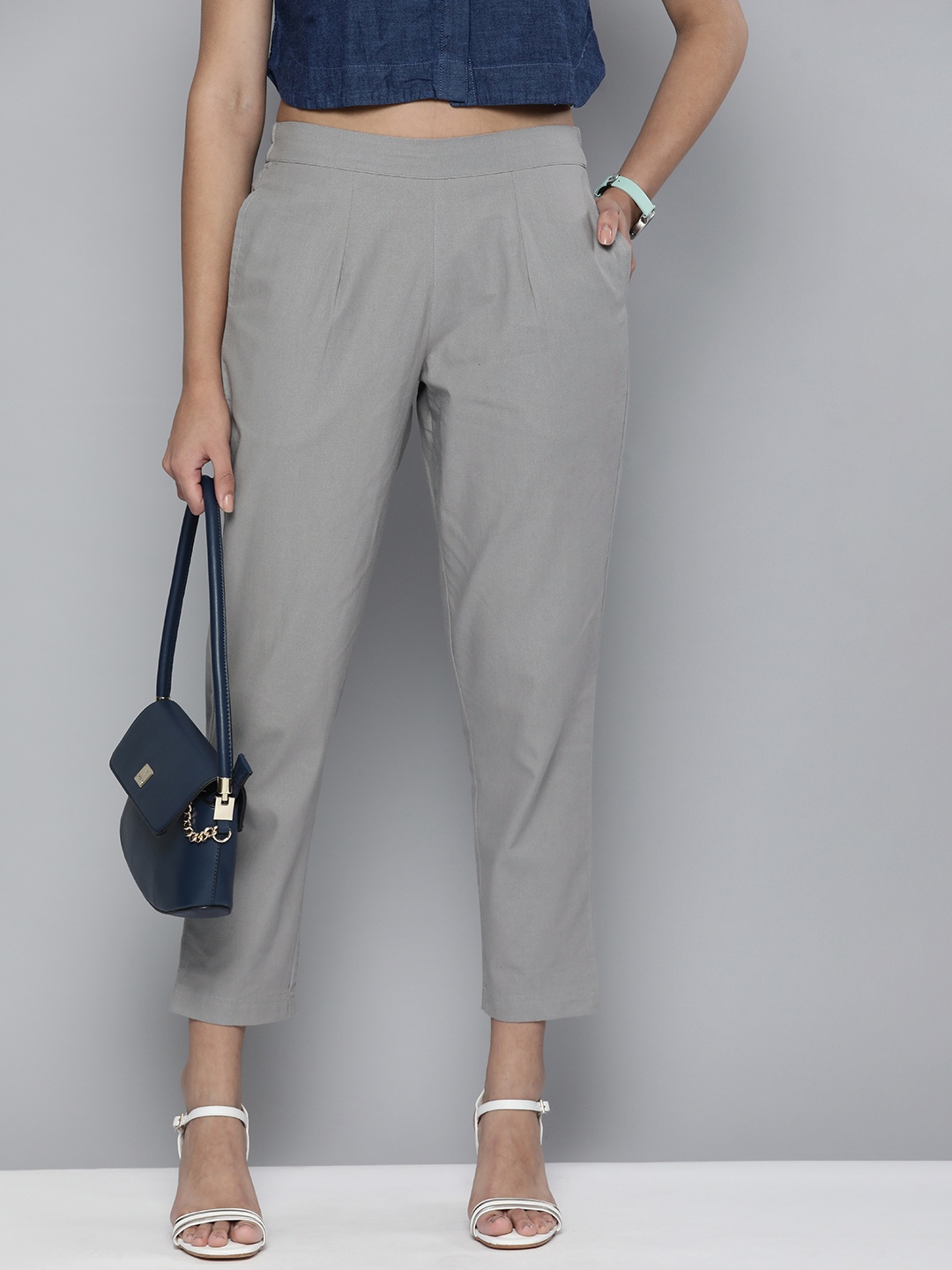 

HERE&NOW Women Grey Pleated Straight Fit Trousers