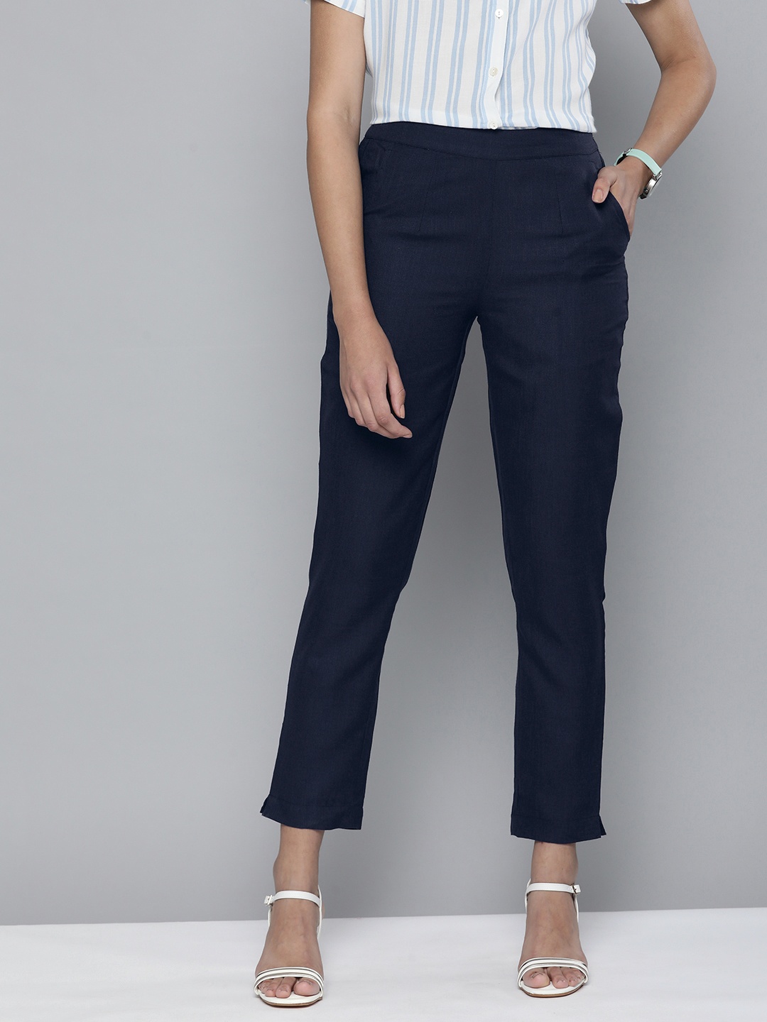 

HERE&NOW Women Navy Blue Pleated Straight Fit Trousers