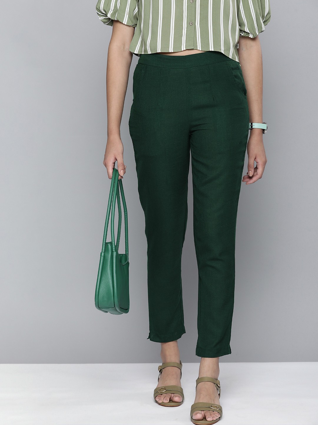 

HERE&NOW Women Green Pleated Straight Fit Trousers