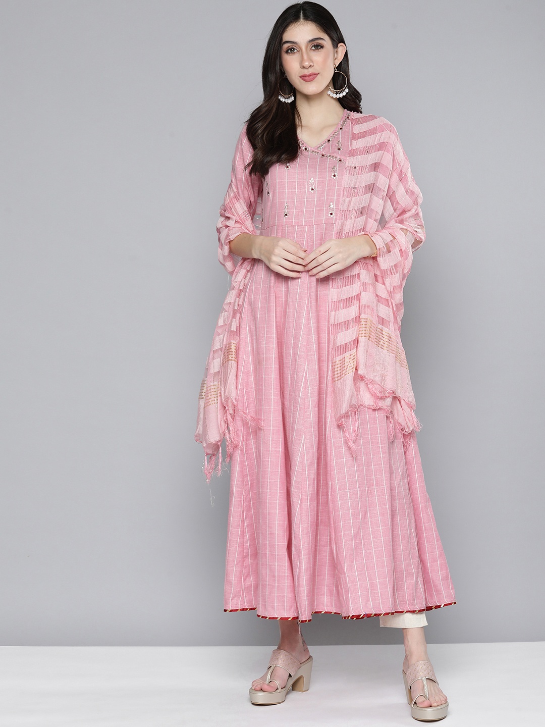 

HERE&NOW Women Ethnic Motifs Embroidered Anarkali Kurta with Dupatta, Pink