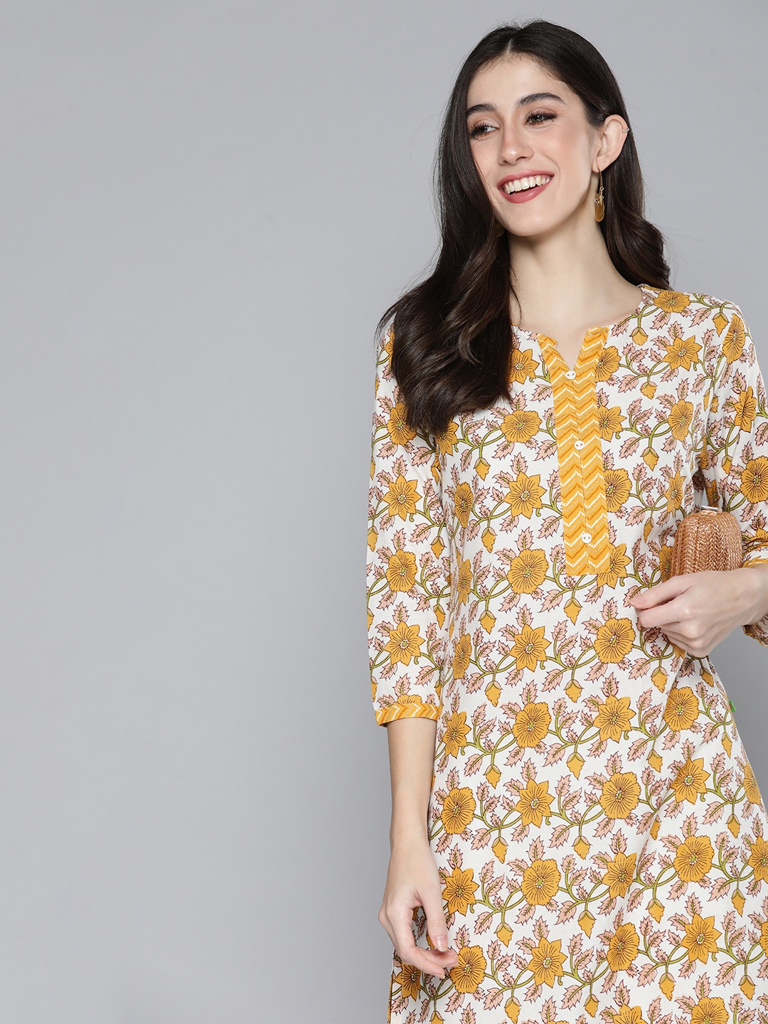 

HERE&NOW Women Ethnic Motifs Printed Pure Cotton Kurta, Mustard