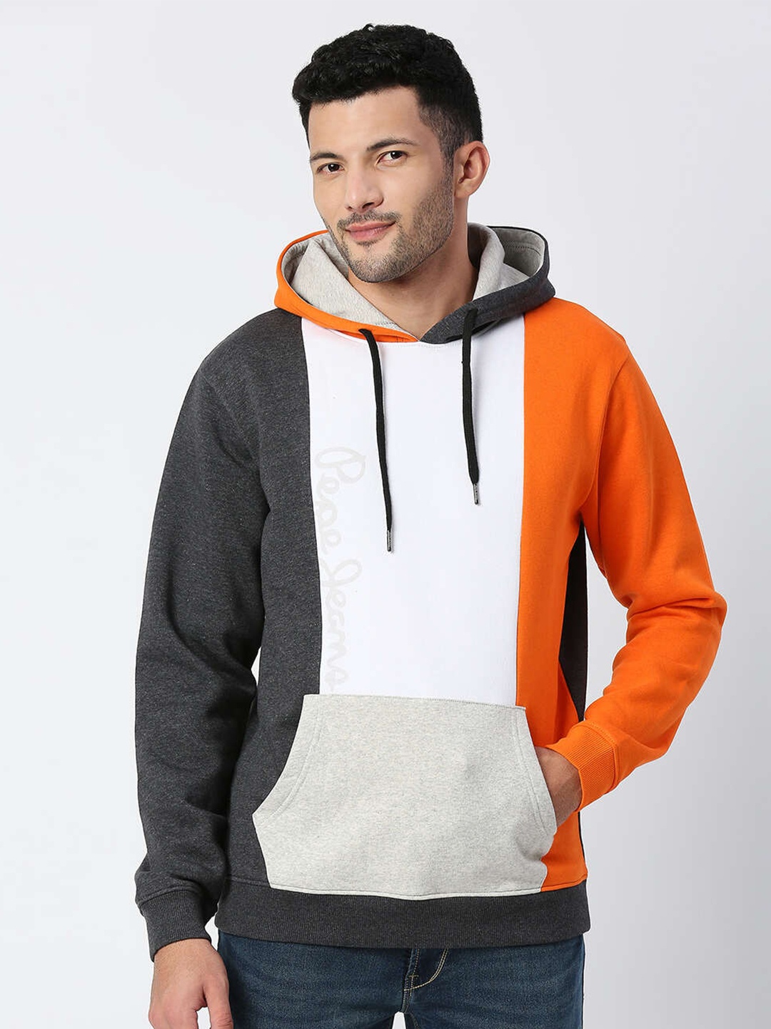 

Pepe Jeans Men Grey Colourblocked Hooded Cotton Sweatshirt