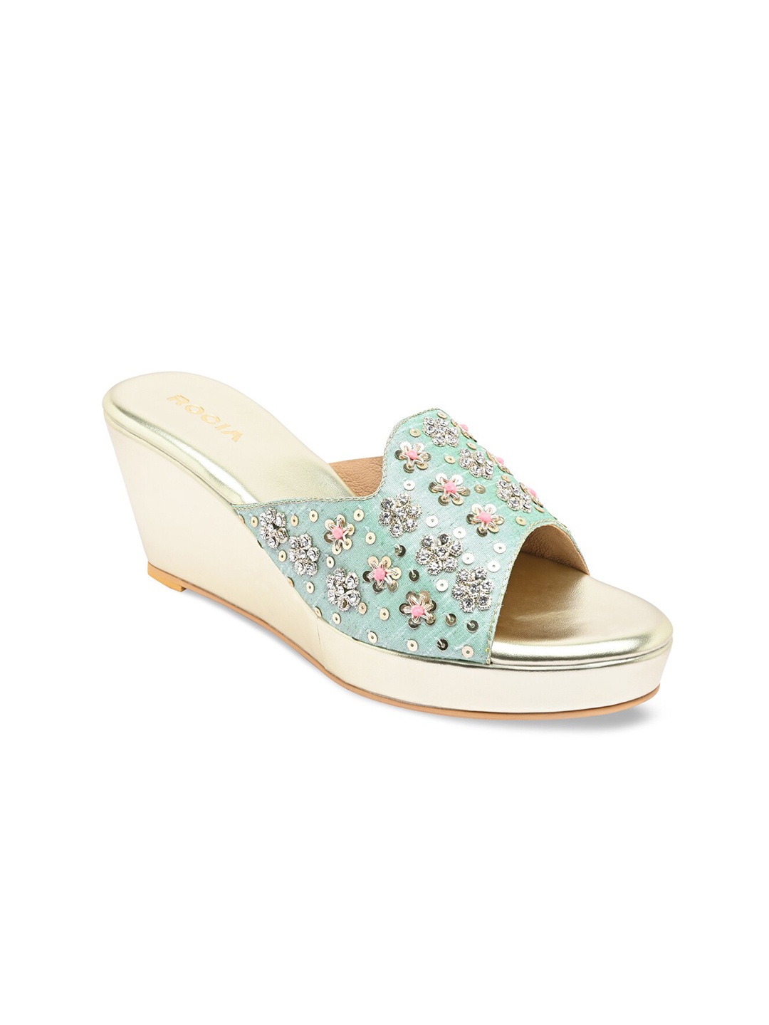 

Rocia Embellished Ethnic Wedge Heels, Sea green