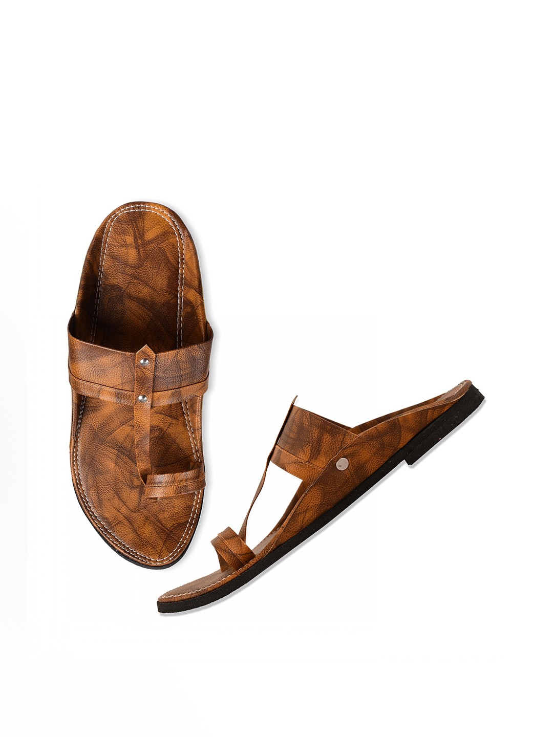 

Aristitch Men Brown Self Design Leather Slip-On Flip Flops