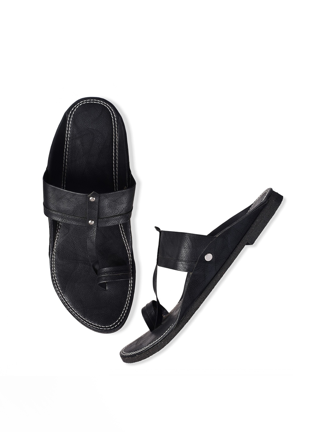 

Aristitch Men Black Solid Leather Slip-On Flip Flops