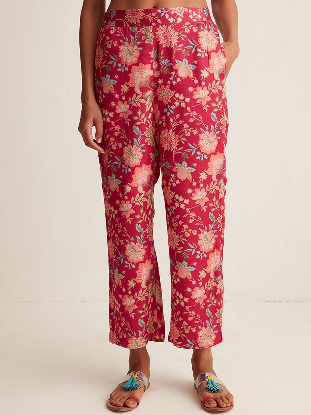 

Ancestry Women Pink Floral Printed Modal Trousers