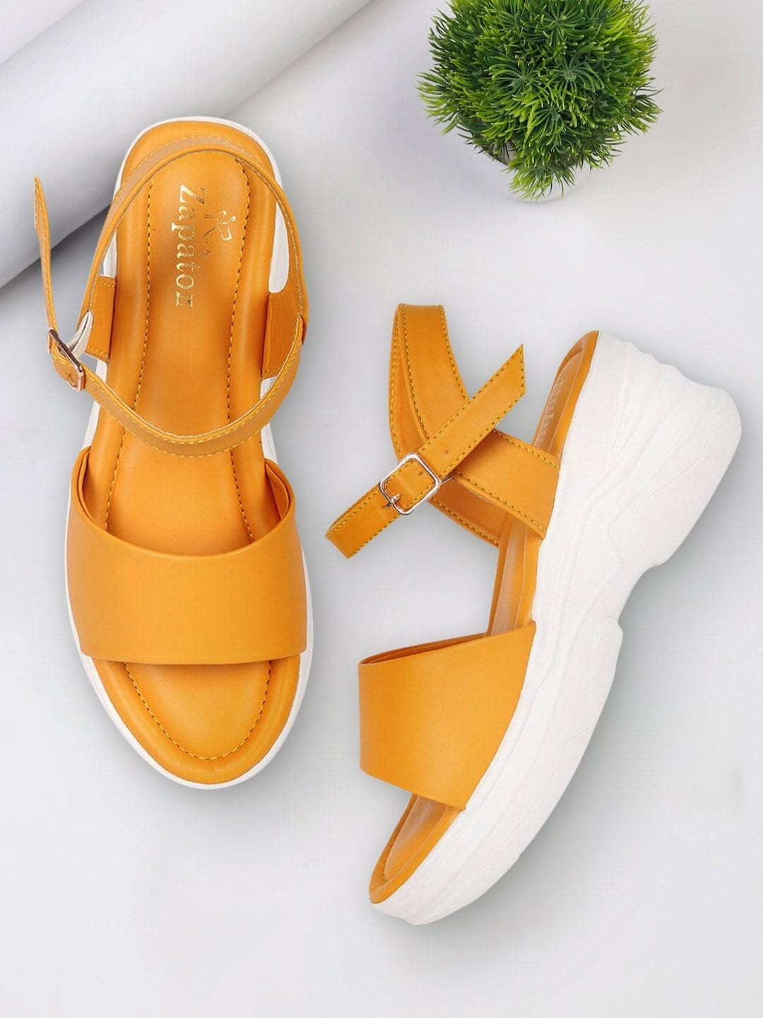 

ZAPATOZ Girls Yellow & White PU Wedge Heels Sandals with Buckles