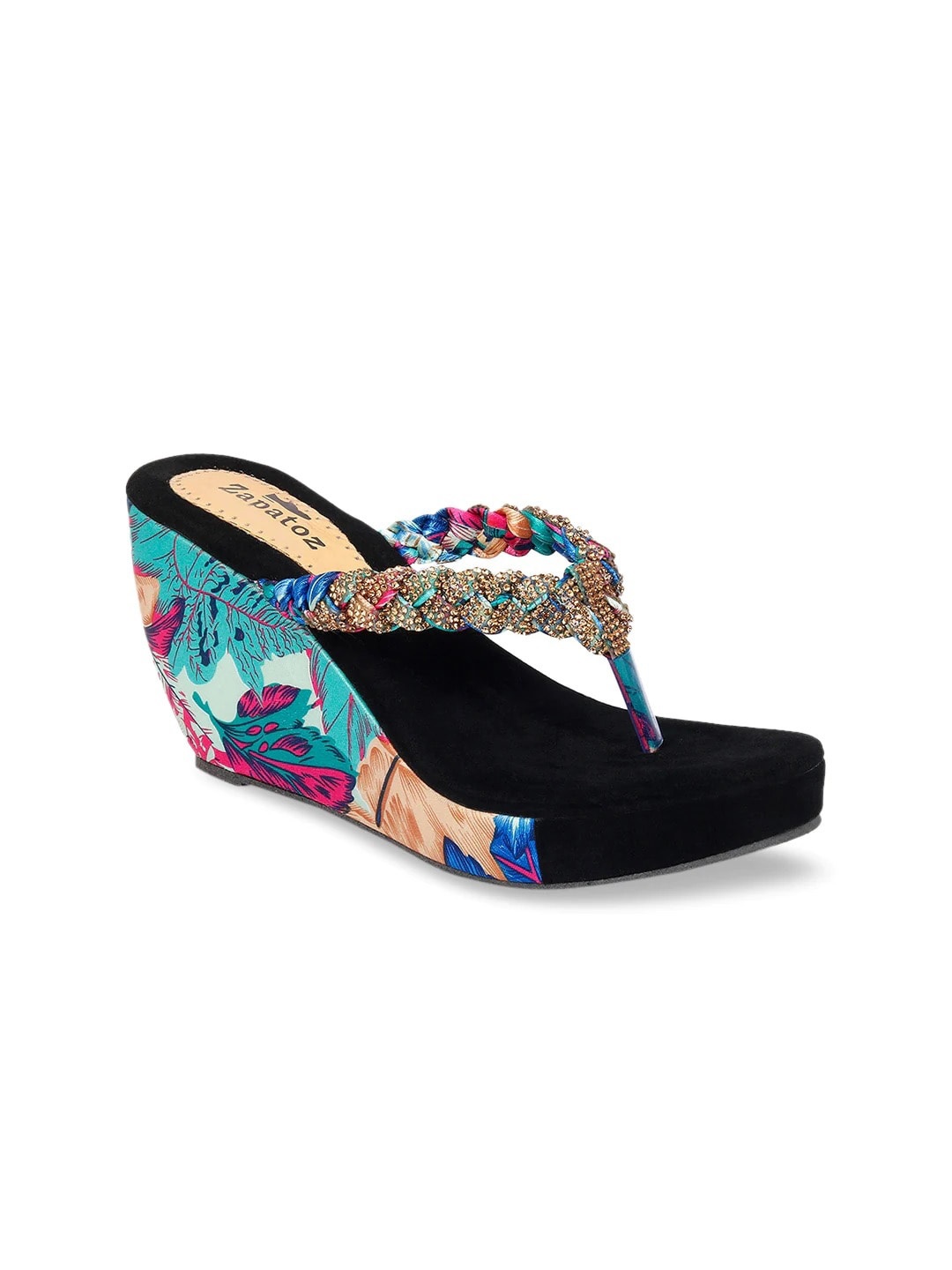 

ZAPATOZ Girls Blue & Pink Printed PU Ethnic Wedge Heels Sandals