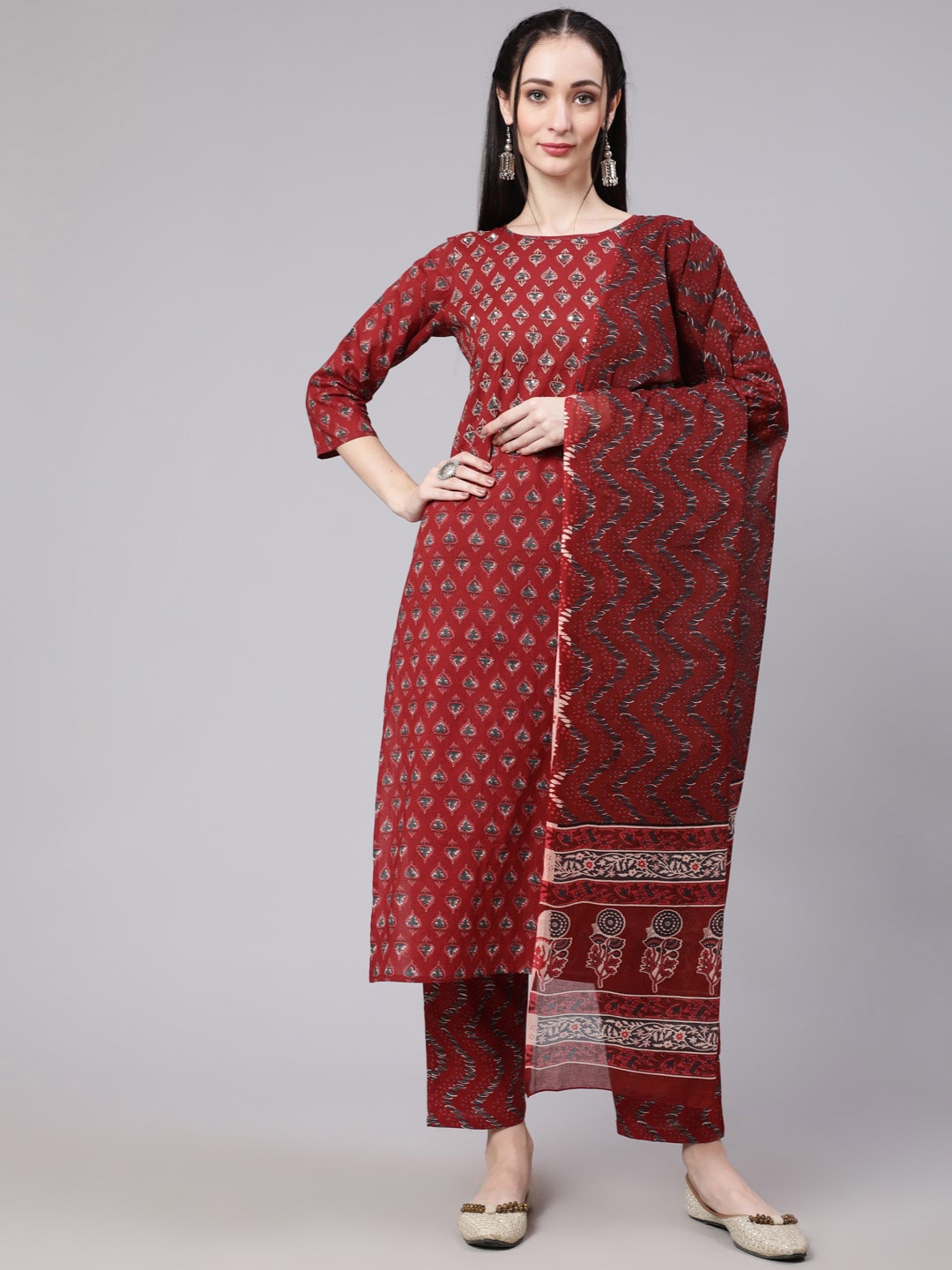 

THE NKS PLUS Women Maroon Ethnic Motifs Printed Pure Cotton Kurta with Trousers & Dupatta