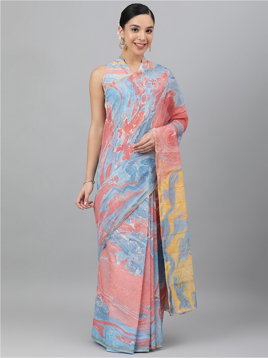 

Ragavi Blue & Orange Silk Blend Fusion Chanderi Saree