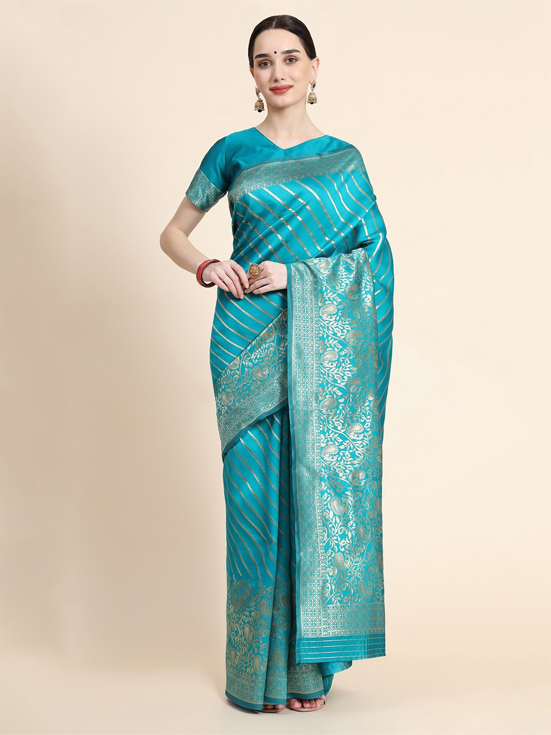 

AVANTIKA FASHION Teal & Gold-Toned Ethnic Motifs Zari Pure Silk Banarasi Saree
