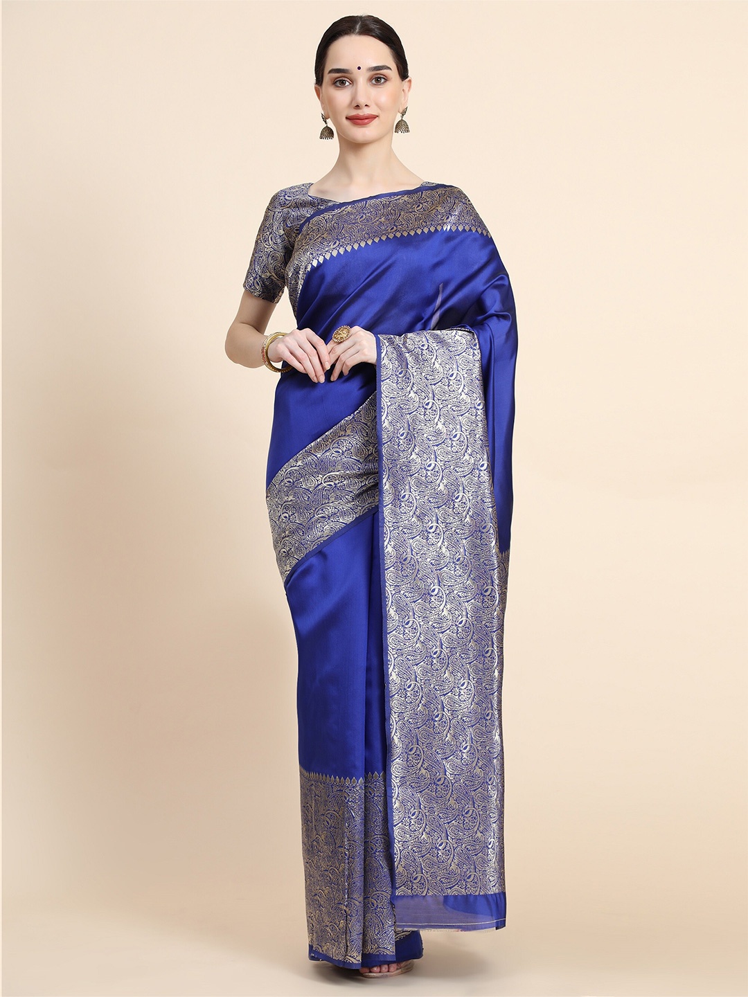 

AVANTIKA FASHION Blue & Gold-Toned Ethnic Motifs Zari Pure Silk Banarasi Saree