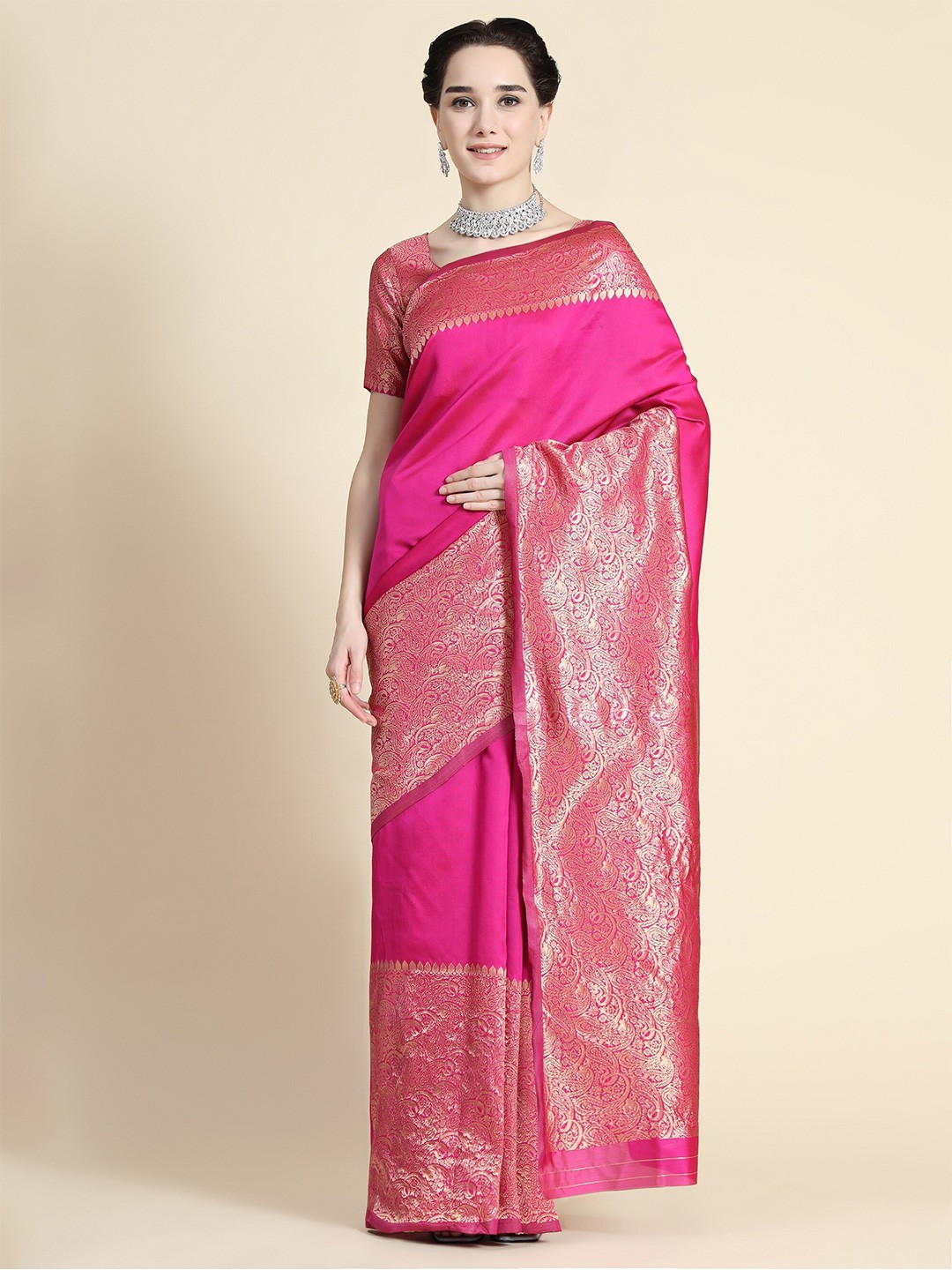 

AVANTIKA FASHION Pink & Gold-Toned Ethnic Motifs Zari Pure Silk Banarasi Saree