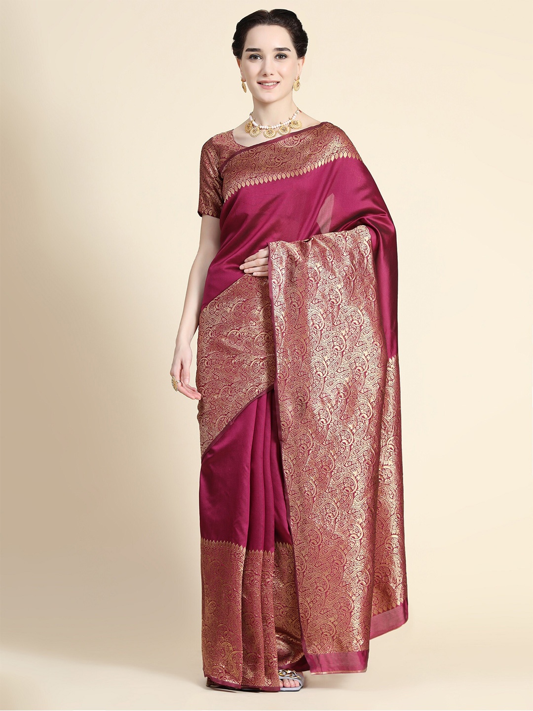 

AVANTIKA FASHION Burgundy & Gold-Toned Ethnic Motifs Zari Pure Silk Banarasi Saree