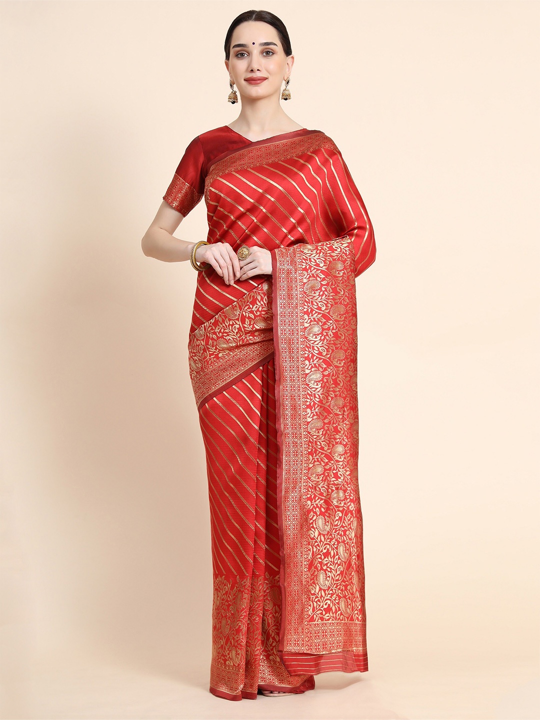 

AVANTIKA FASHION Red & Gold-Toned Ethnic Motifs Zari Pure Silk Banarasi Saree