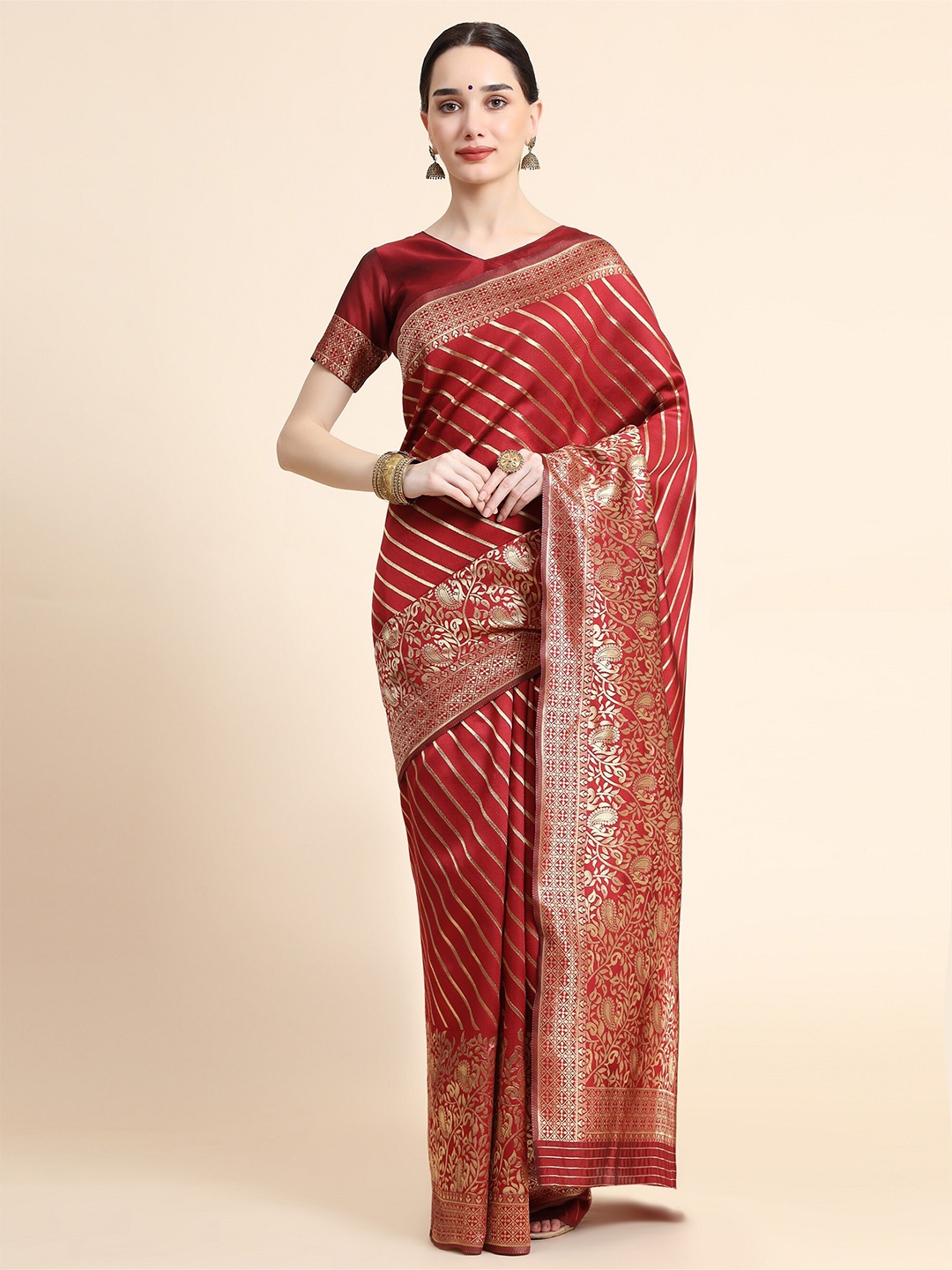 

AVANTIKA FASHION Maroon & Gold-Toned Striped Zari Pure Silk Banarasi Saree