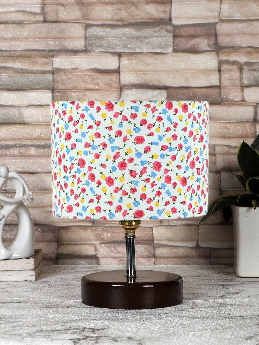 Devansh Blue & Pink Printed Cotton Table Lamp With Shade