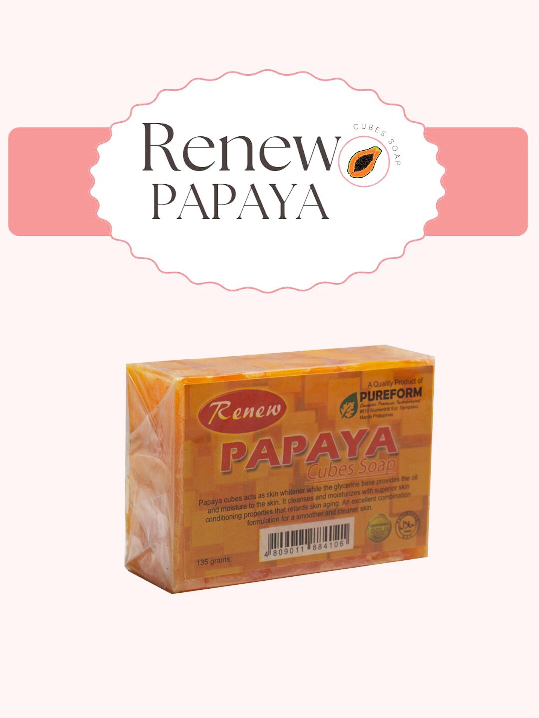 

Renew Papaya Cubes Herbal Soap 130gm, Orange