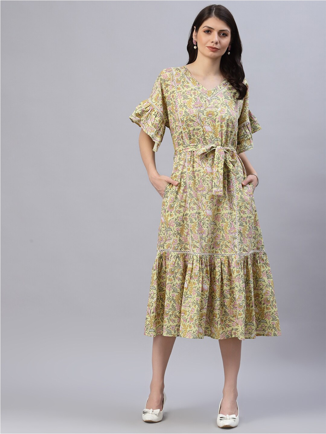 

Ragavi Women Beige Floral A-Line Midi Cotton Dress