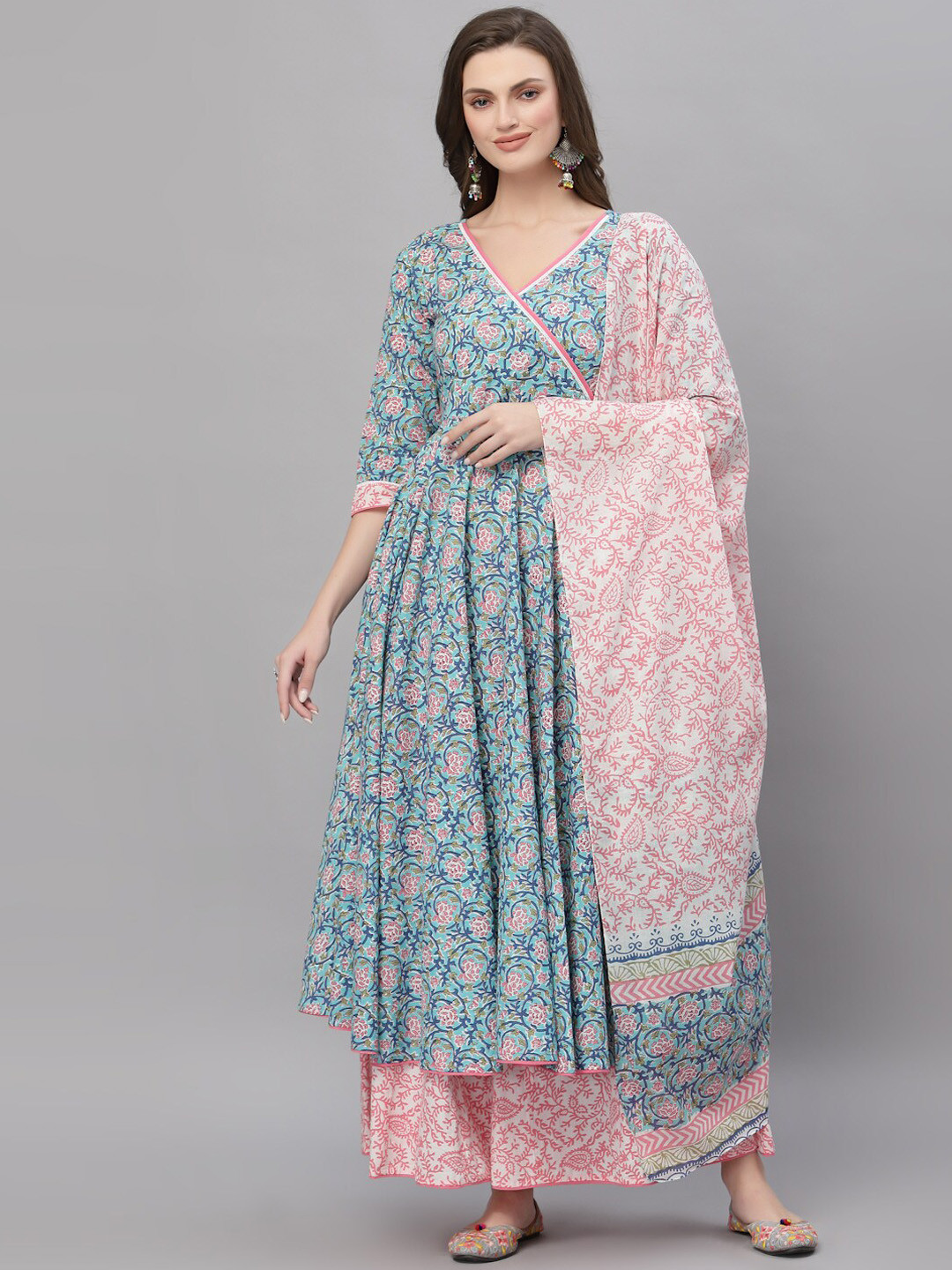 

Ragavi Women Blue Floral Printed Angrakha Pure Cotton Kurta with Palazzo & Dupatta