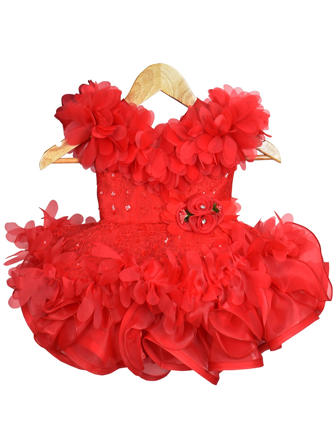 

AMIRTHA FASHION Girls Red Ruffles Sequinned Embellished Fit & Flare Dress
