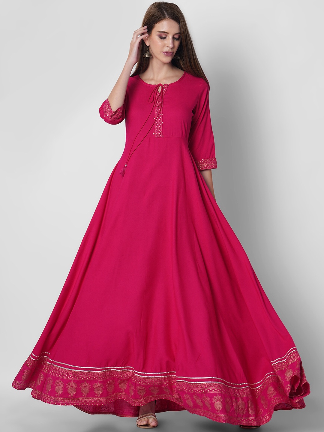 

Sanganeri Kurti Anarkali Long Tie-Up Neck Regular Kurta, Pink