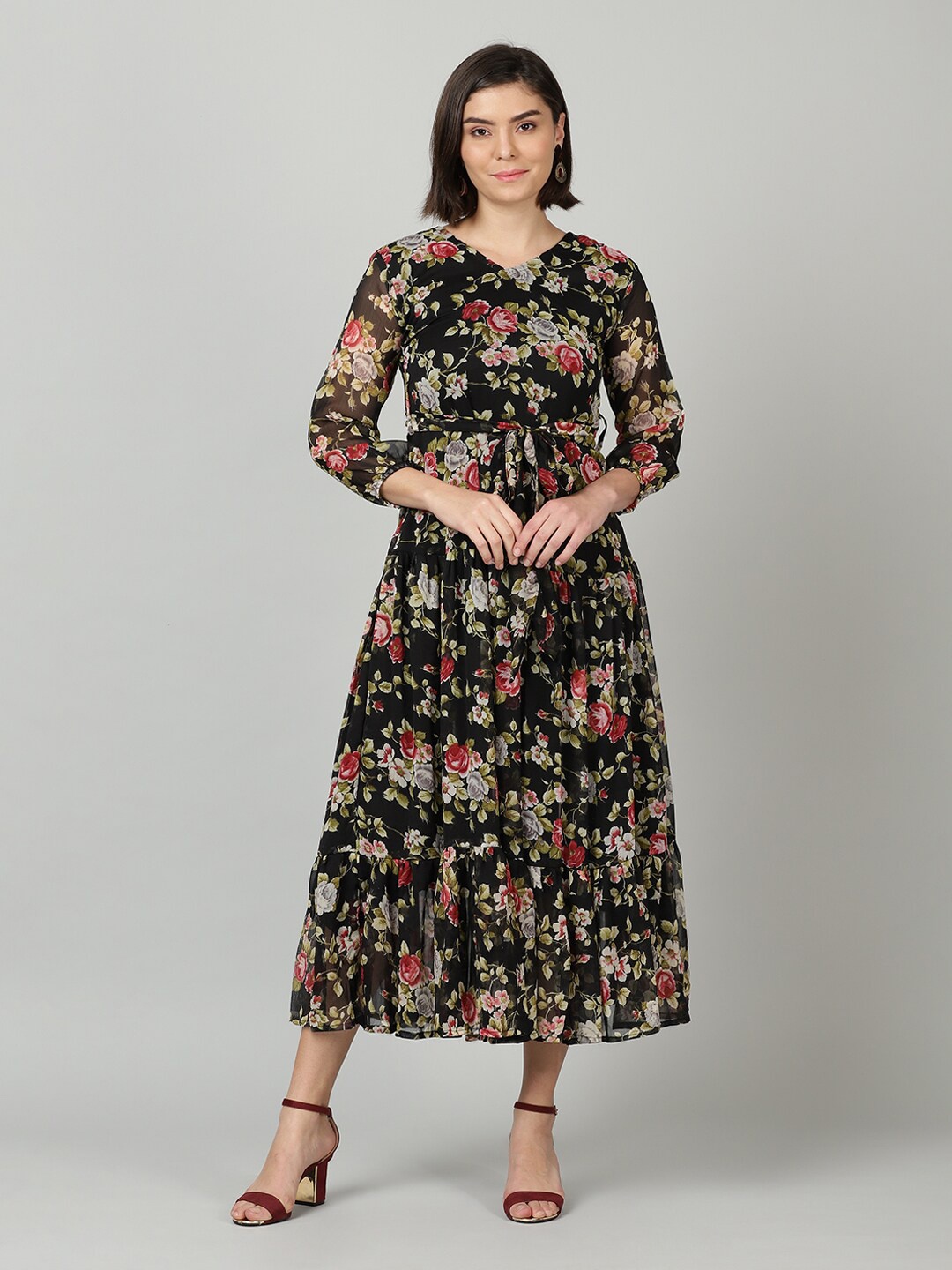 

Souchii Black & Pink Floral Chiffon Midi Dress