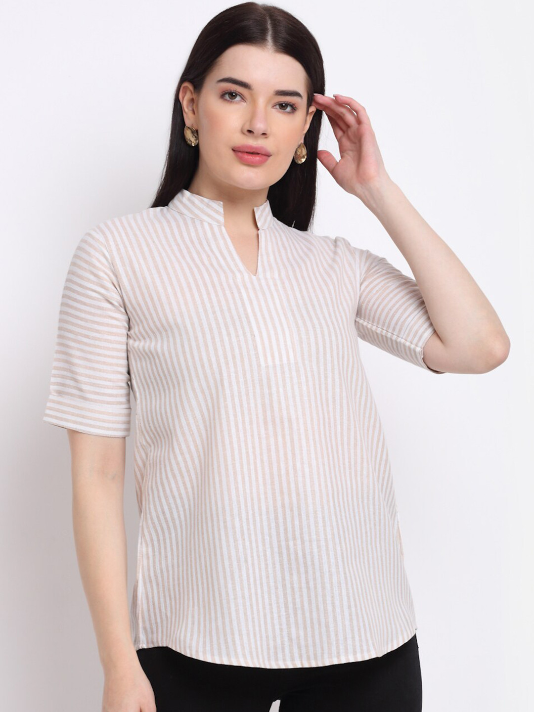

Aarsha Women Beige & White Striped Mandarin Collar Shirt Style Top