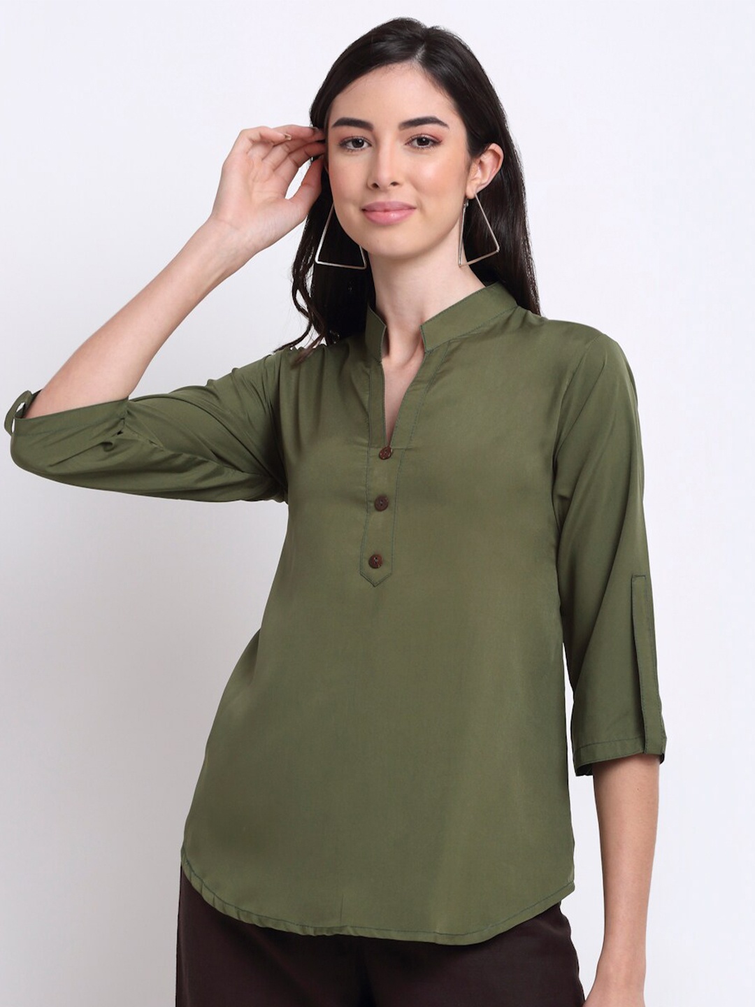 

Aarsha Women Olive Green Mandarin Collar Roll-Up Sleeves Crepe Shirt Style Top